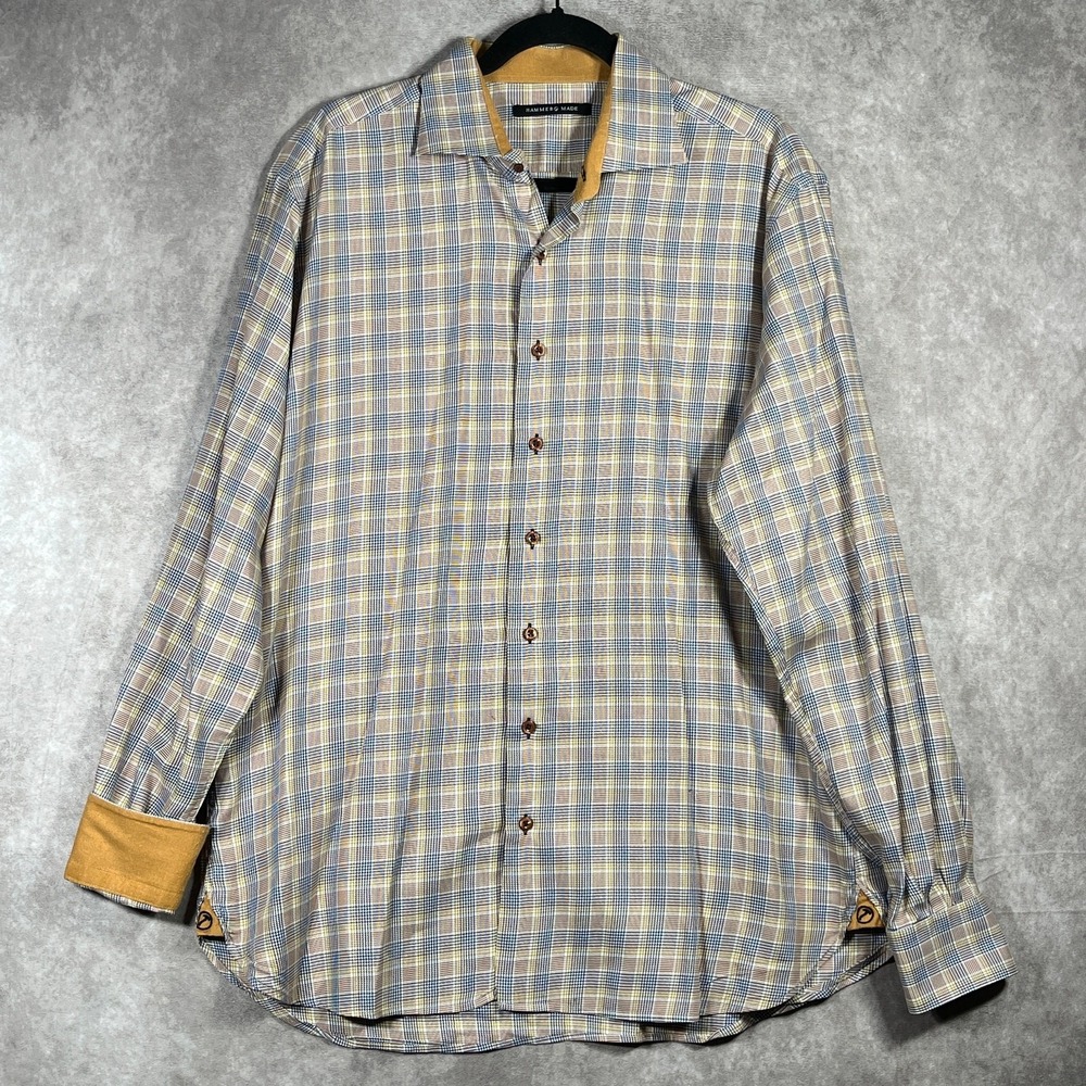 Hammer Made Dress Shirt Mens 42/16.5 Plaid Button Up Long Sleeves Contrast Cuff
